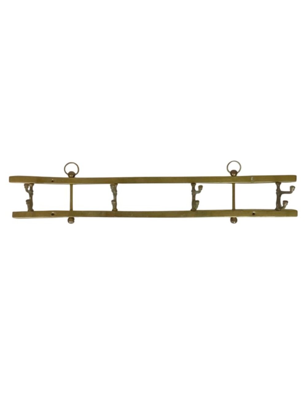 Vintage Brass Wall-Mounted Coat & Hat Rack With Ornate Hooks And Ring Details